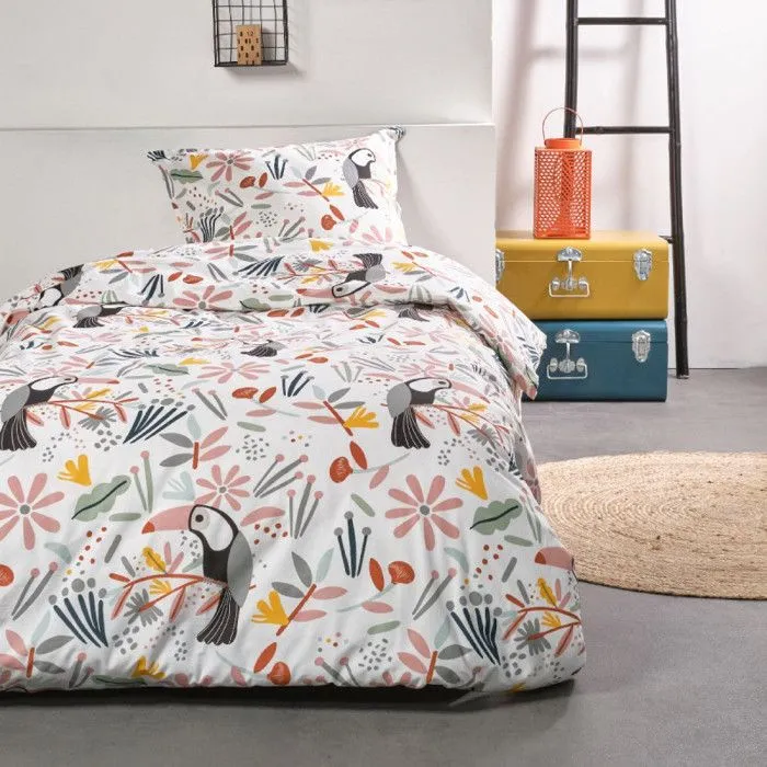 Parure de couette 140 x 200 "Happy Toucan" Réversible 100% Coton / 57 Fils/cm²-0