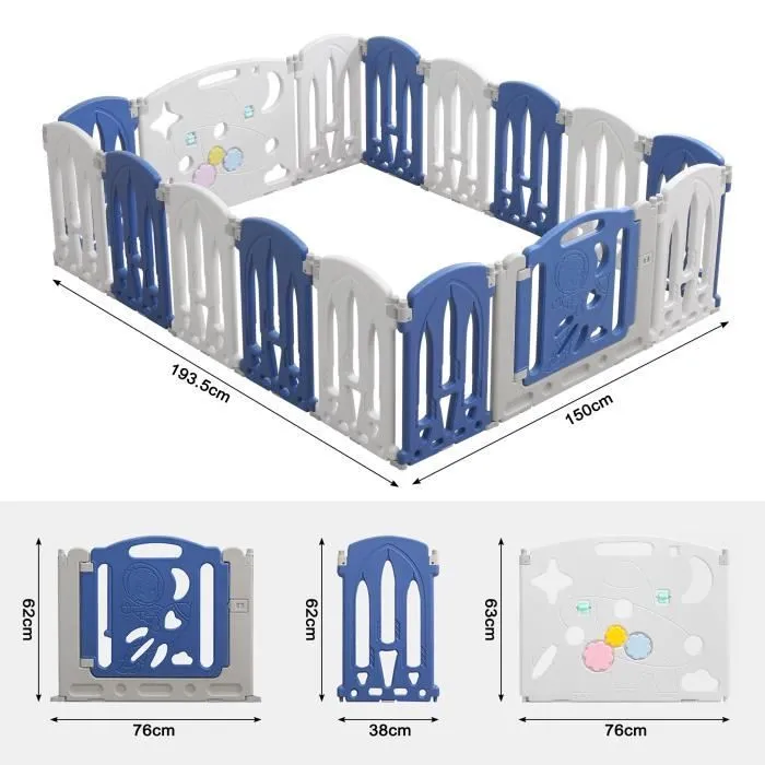 UISEBRT Clôture de Jeu en Plastique avec Porte et Planche à Jouets, Grille de Protection pour Enfants (16 Panneaux, Bleu + Blanc)-1
