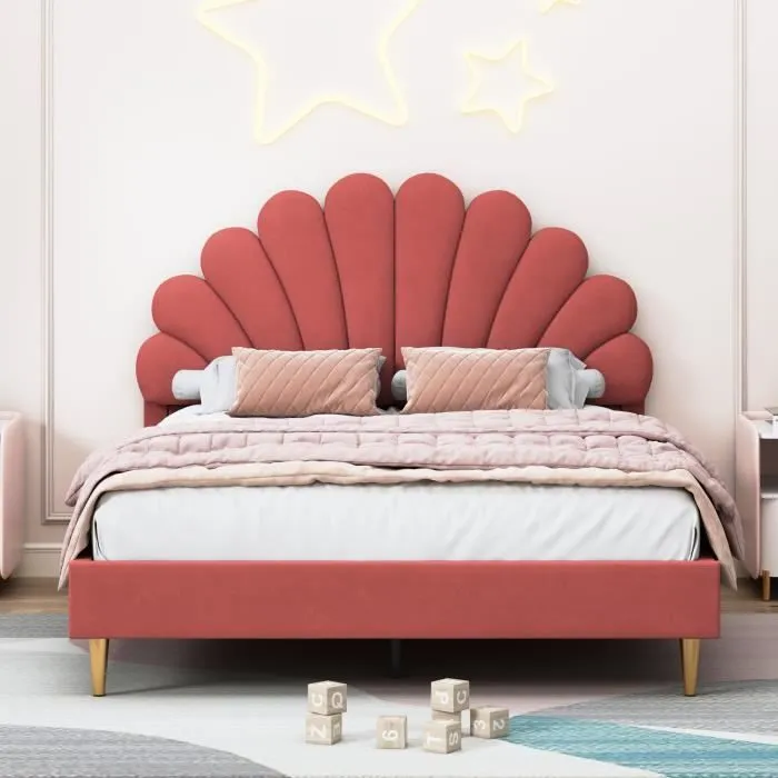 Lit 140x200cm - MARQUE - Tête de lit fleur - Velours rouge vin - Style scandinave - 2 places-0