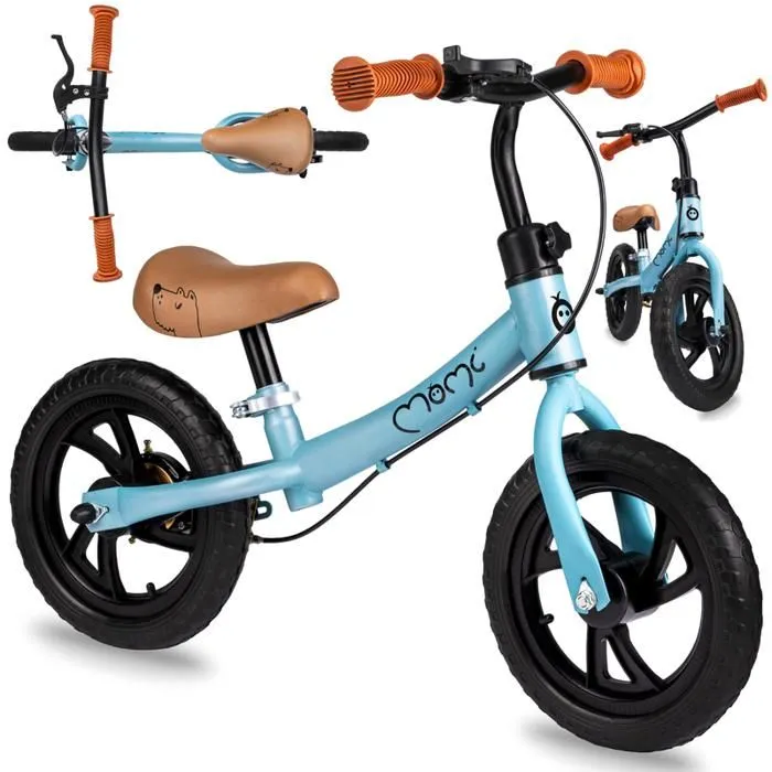 Vélo bébé draisienne MoMi BREKI - réglage de la hauteur, frein, sans pédales - 12" roues - style sportif - Bleu-0
