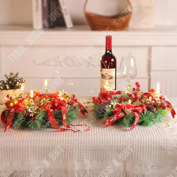 TD® Couronne de bougies de Noël 30*30CM Bougeoir design Simulation d'aiguilles de pin Décoration de bureau Couronne de Noël pour por-2