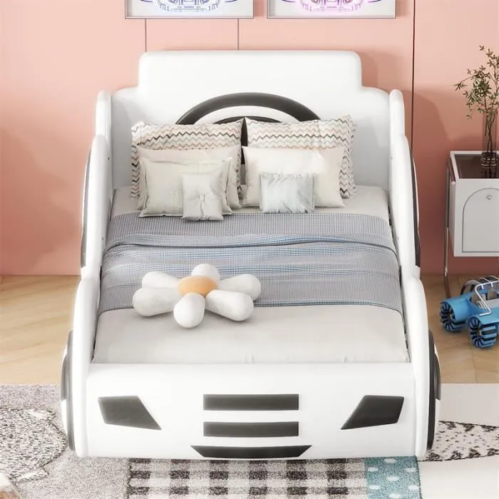 Lit coffre voiture pour enfant - Blanc - 90x200cm - Avec sommier à lattes - Espace de rangement - 1 place-2