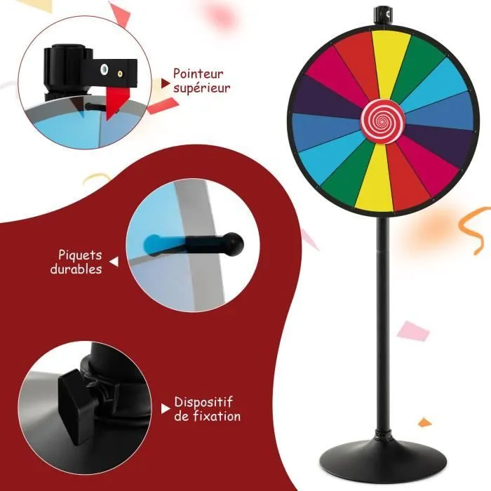 COSTWAY Roue de la Fortune 60CM-Hauteur Réglable 80-148 CM avec Support-14 Fentes Colorées-Marqueur Effaçable à Sec,Gomme-Fête-1