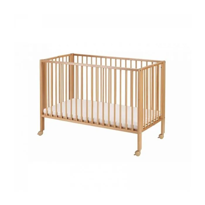 Lit bébé à barreaux pliable en hêtre massif naturel - Marque - Modèle - Dimensions 60x120 cm - Matelas inclus-1