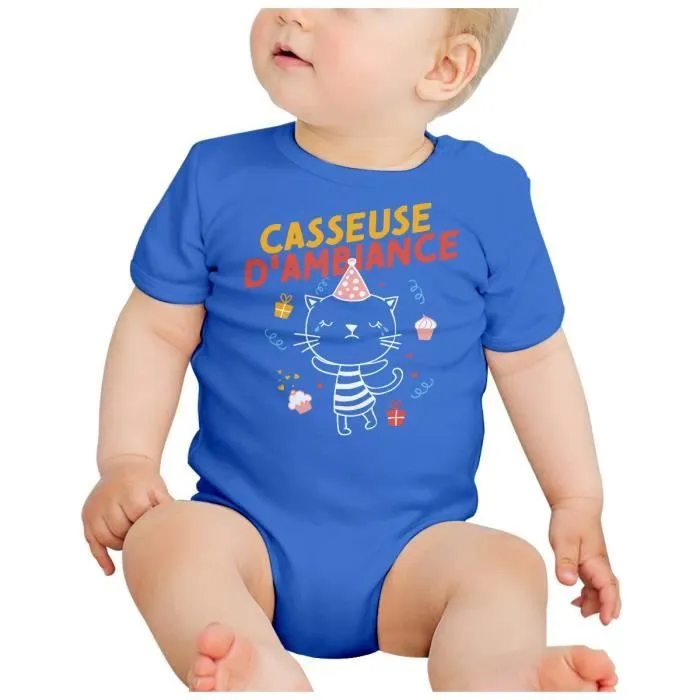 Body Bébé Manche Courte Bleu Casseuse d'Ambiance Chat Dessin Illustration-1