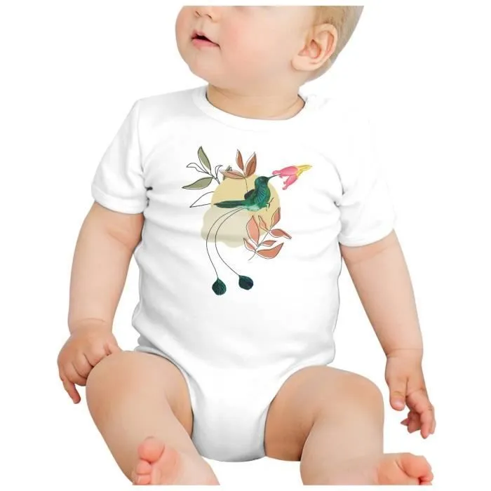 Body Bébé Manche Courte Blanc Colibri Fleurs Tropical Exotique Jungle Amazonnie-1