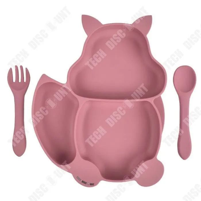 TD® Ensemble de vaisselle d'alimentation pour enfants plaque de compartiment en silicone écureuil bol anti-chute à forte aspiration-0