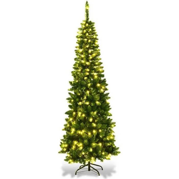 Sapin de Noël LED Artificiel 200cm COSTWAY-250 Lumières Blanc Chaud-708 Branches Aiguilles en PVC-Support Métallique Pliable-0