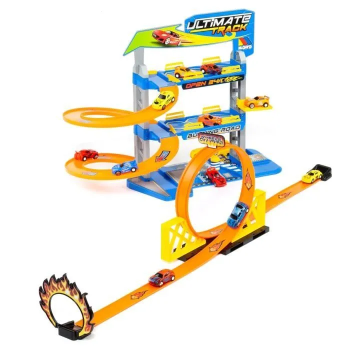 Garage à jouets pour voitures miniatures - MOLTO - 3 étages - 1 looping - 2 voitures à friction incluses-0