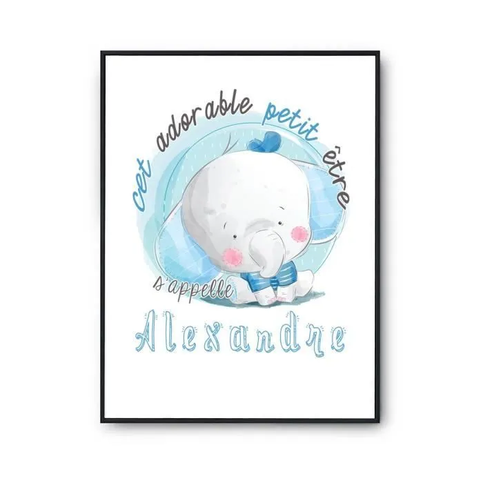 Affiche bébé prénom Alexandre Éléphant | Poster pour chambre bébé et enfant pour décoration murale qualité papier Premium A4-0