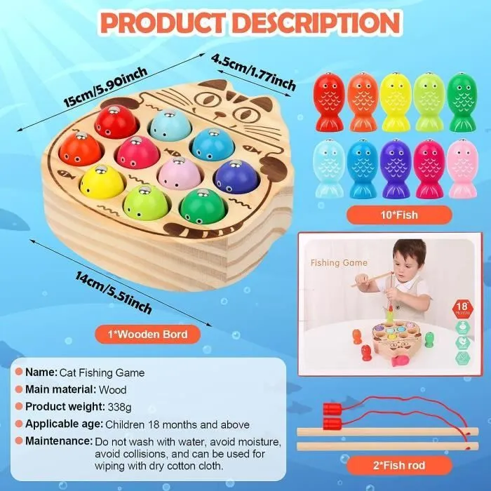 Jouet en Bois - Montessori - Jeu de Pêche Magnétique - 10 Poissons - 2 Cannes à Pêche - Écologique-1