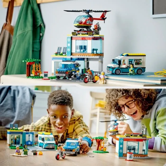 LEGO® City 60371 Le QG des Véhicules d’Urgence, Hélicoptère Jouet, Moto et Voiture de Police-5
