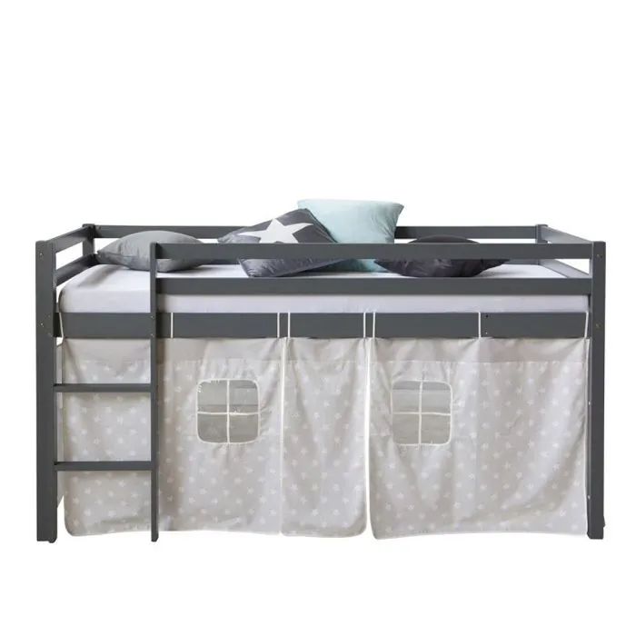 Lit mi-haut - HomeStyle4U - 90x200 cm - Gris - Échelle réversible - Rideau étoilé inclus-1