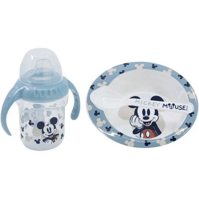 STOR Coffret cadeau Disney Mickey Mouse pour enfants, sans BPA, avec biberon, bol et cuillère, lavable et réutilisable-0