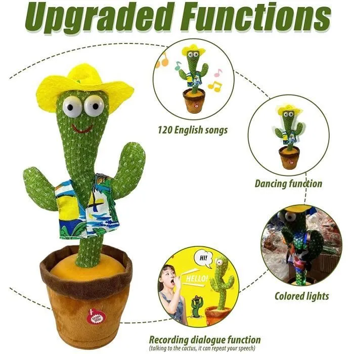 Dancing Cactus, Jouet Électronique en Peluche Qui Répète Ce Que Vous Dites Et Chante, Cactus Qui Chante Et Danse-2
