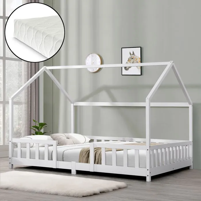 Lit d'enfant Forme Maison Sisimiut avec Matelas à Mousse à Froid 200 x 120 cm Blanc-0