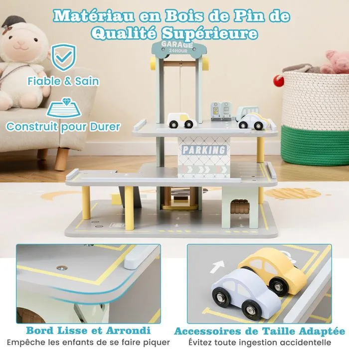 COSTWAY Jeu de Garage en Bois pour Enfant à 3 Niveaux avec 7 Accessoirs - 4 Petites Voitures, Hélicoptère, 50 x 40 x 47 cm-2