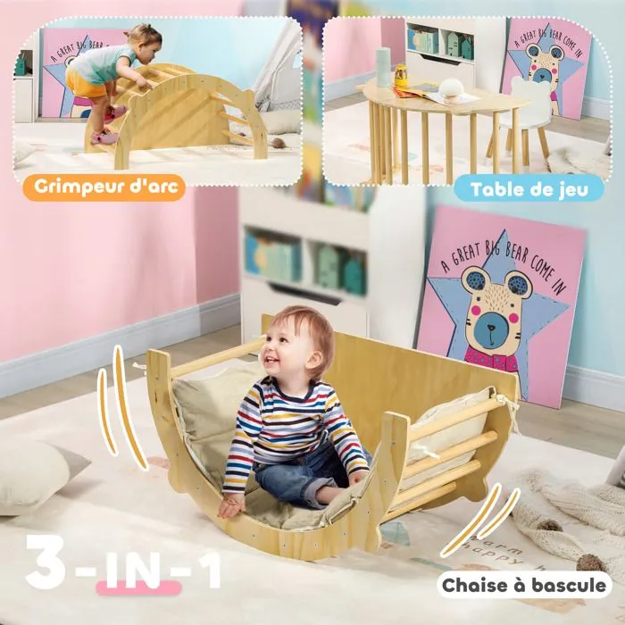 Arche d'escalade 3 en 1 - AIYAPLAY - fauteuil à bascule et table de jeu - coussin - en bois naturel 
 enfants de 18 à 48 mois-4