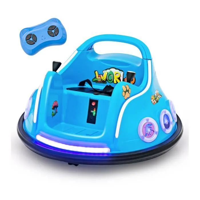 COSTWAY 12V Auto Tamponneuse Electrique 360° pour Enfants, Télécommande 2.4G, avec Lumières Clignotantes & Musique, 3-8 Ans, Bleu-0