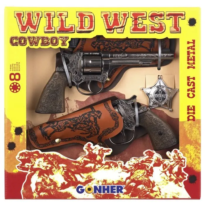 Jouet - Cowboy - Coffret 2 pistolets - Métal & plastique - 8 coups - 28x28 cm-0