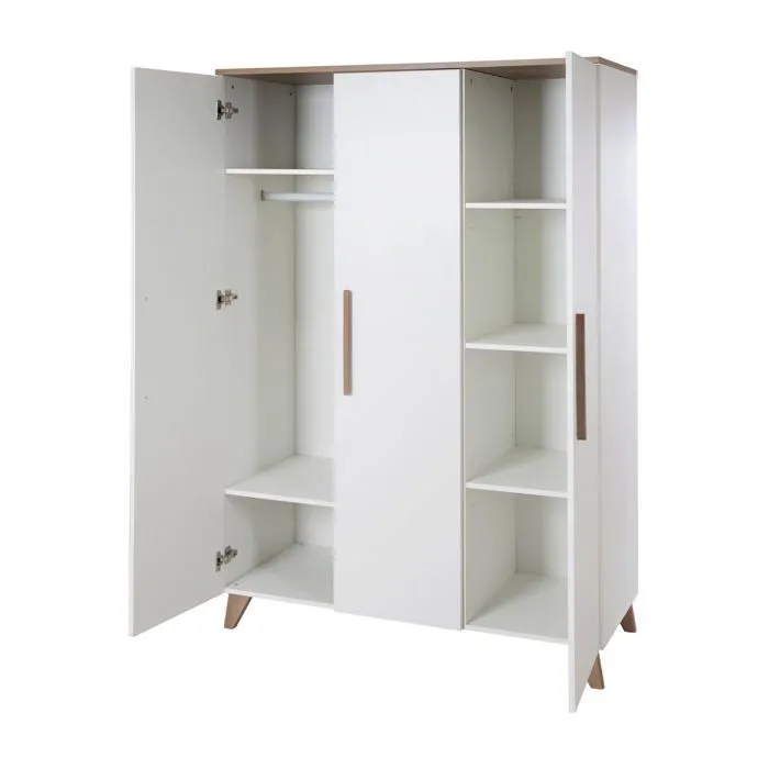 Armoire Bébé 3 Portes ROBA - Ole - Armoire de Rangement à 6 Compartiments et Penderie - Style Scandinave - Blanc Mat - Décor Chêne-4