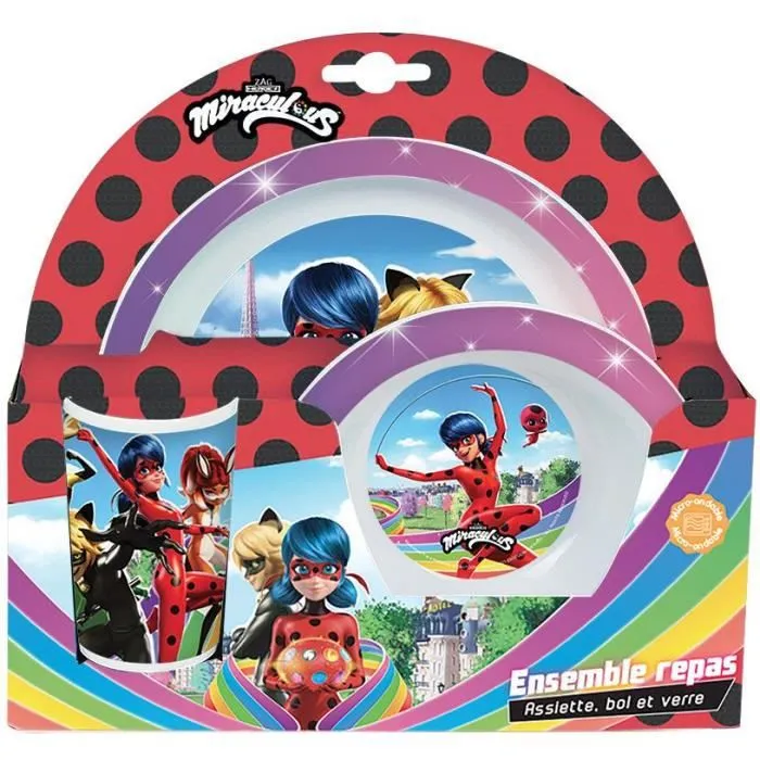 FUN HOUSE Miraculous Ladybug Ensemble repas - 1 assiette ø 22 cm, une assiette creuse ø 16 cm et un verre 220 ml - Pour enfant-0
