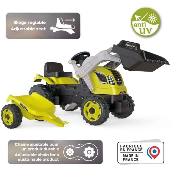 Tracteur à pédales Farmer Max + Remorque + Pelle - SMOBY - Vert - Enfant - 3 ans et plus-0