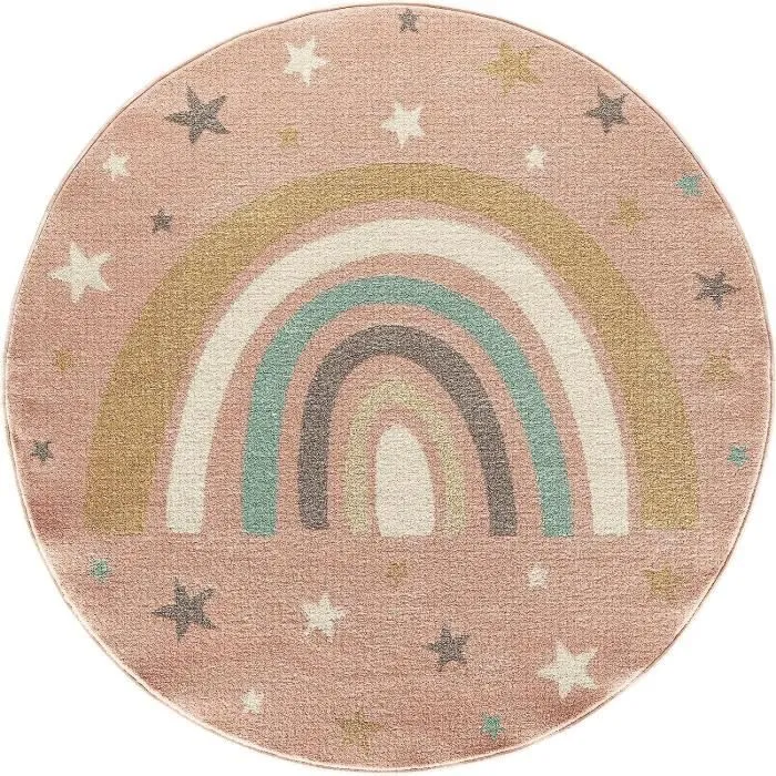 Tapis moderne doux pour enfants | Motif arc-en-ciel en rose 120x120 rond | Chambre de filles - The Carpet SOUND-0