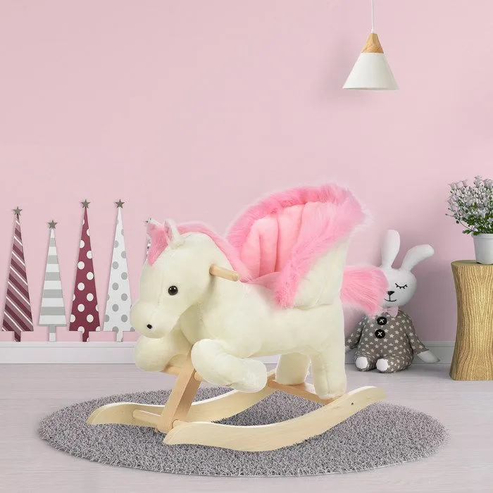 Cheval à bascule musical en bois peuplier blanc et rose pour enfant de 18 mois et plus-1