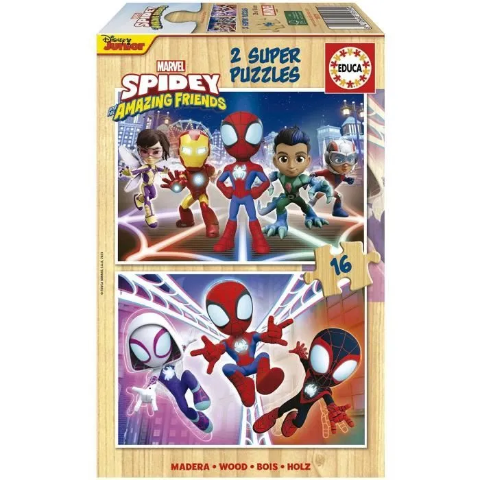 Puzzle en bois SPIDEY & HIS AMAZING FRIENDS - 2x16 pièces - Enfant - Mixte - Licence Spiderman-0