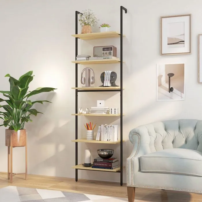 Étagère échelle bibliothèque style industriel H206 cm 6 étagères acier noir panneaux aspect bois clair-2