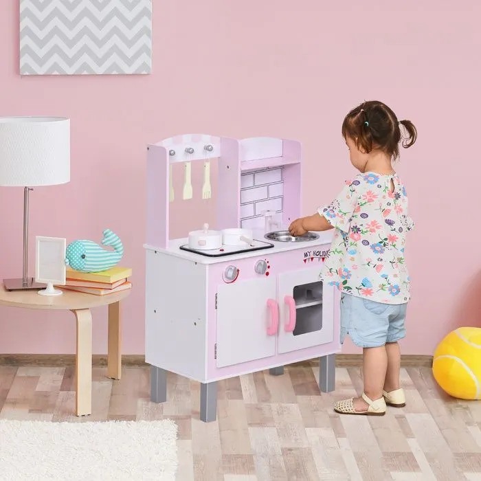 Cuisine bois jeu d'imitation - cuisine rose enfant - nombreux accessoires & rangements inclus - fonction sonore - MDF pin rose-2
