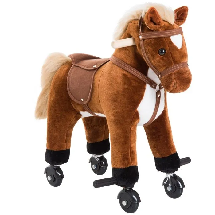 Cheval pour enfant - HOMCOM - +36 mois avec 4 roulettes - effet sonore, repose-pieds et guidon - Charge 60 kg 55x23x60 cm - Marron-0