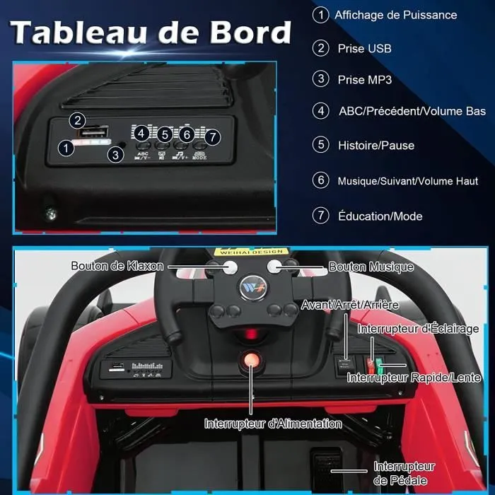 COSTWAY Voiture Électrique 12V7Ah pour Enfants 3 - 7 Ans, F1 Racing, 2 à 5 KM/H, Télécommande 2.4G, LED, USB, Klaxon, MP3, Rouge-2