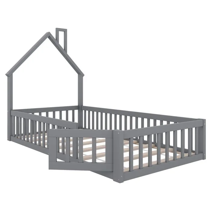 Lit enfant - Lit cabane - 90x200cm - Bois massif - Gris - Avec sommier à lattes-4