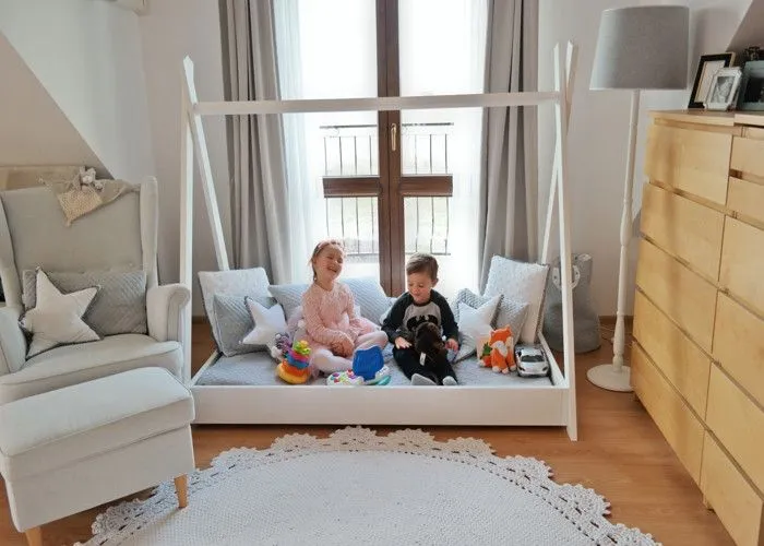 Lit pour enfant Maison 2-en-1 Tente Cabane en Bois Naturel (160x80 cm) Avec matelas eco : Aventures Ludiques et Repos Douillet - Bl-3