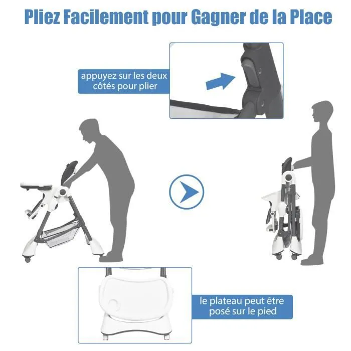 COSTWAY Chaise Haute Bébé Pliable à Bouton 4-en-1 Dossier Inclinable,Repose-pieds Hauteur Réglable Double Plateau Détachable 36 Mois-3