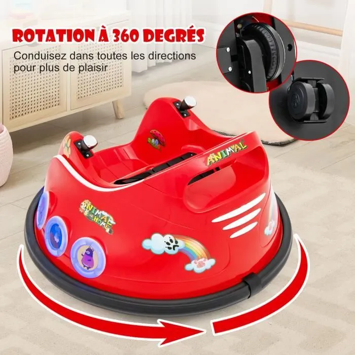 COSTWAY 12V Auto Tamponneuse Electrique 360° pour Enfants, Télécommande 2.4G, avec Lumières Clignotantes & Musique, 3-8 Ans, Rouge-1