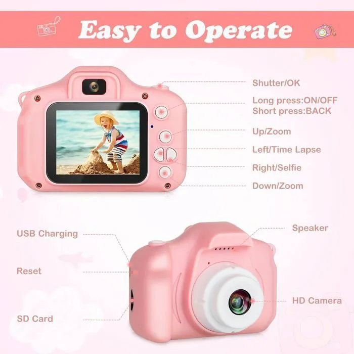 Appareil Photo Enfant, 2 Pouces mini caméra Numérique, Mini Caméra Enfant Rechargeable Caméscope Jouet de 3 à 10 Ans avec 16G Carte-1