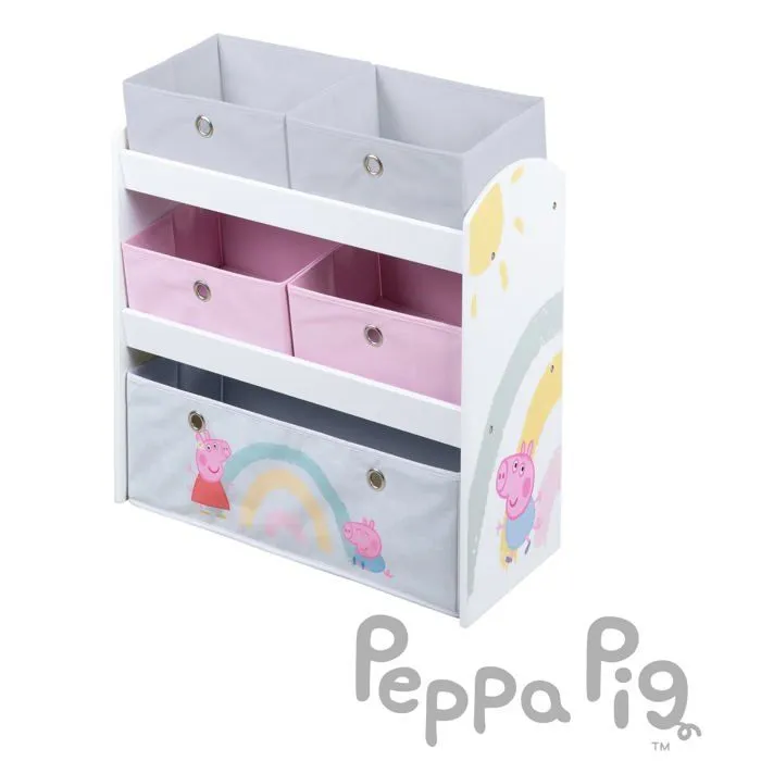 ROBA Peppa Pig Étagère de Rangement pour Jouets - 5 Boîtes en Tissu - Motif de la Truie et Cochon - Bois Laqué Rose - Blanc-4