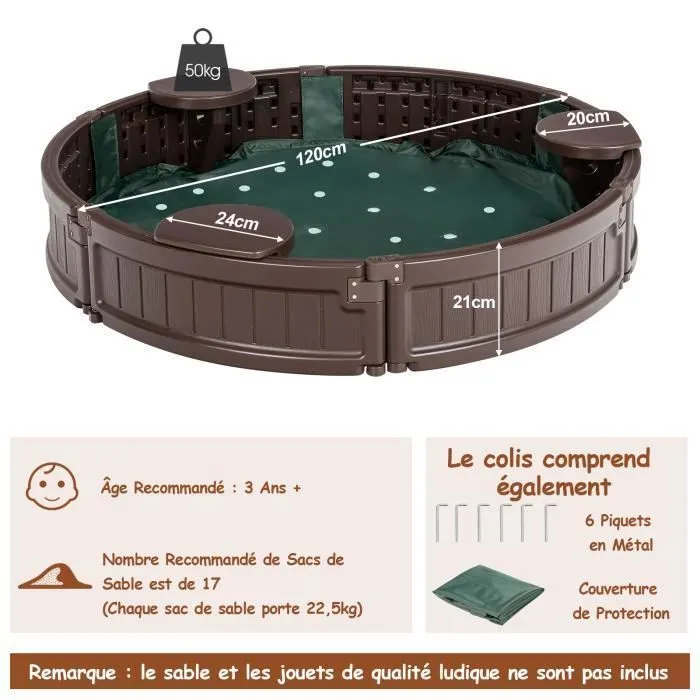 Bac à Sable Enfant - COSTWAY - Rond - Couverture Étanche et Anti-Poussière - 3 Sièges Détachables-3
