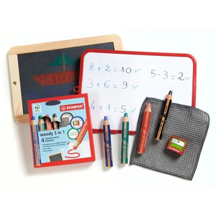 Etui carton x 4 crayons multi-talents STABILO woody 3in1 pour ardoises et tableaux blanc + 1 taille crayon + 1 chiffonnette - noir-2