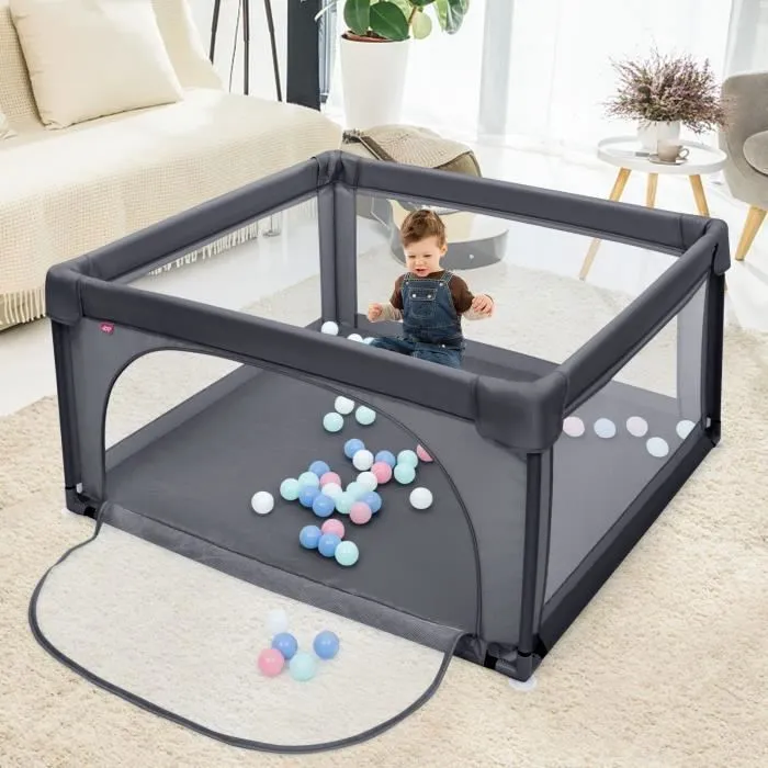 Parc Bébé 126 x 126 x 68 CM COSTWAY-50 Balles Océaniques-Filet Doux-Porte à Glissière-2 Anneaux de Traction-10 mois-6 ans-Gris Foncé-0