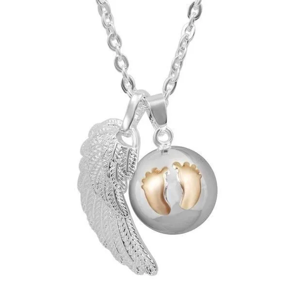 Collier de grossesse aile d'ange et boule avec empreintes de pieds-0