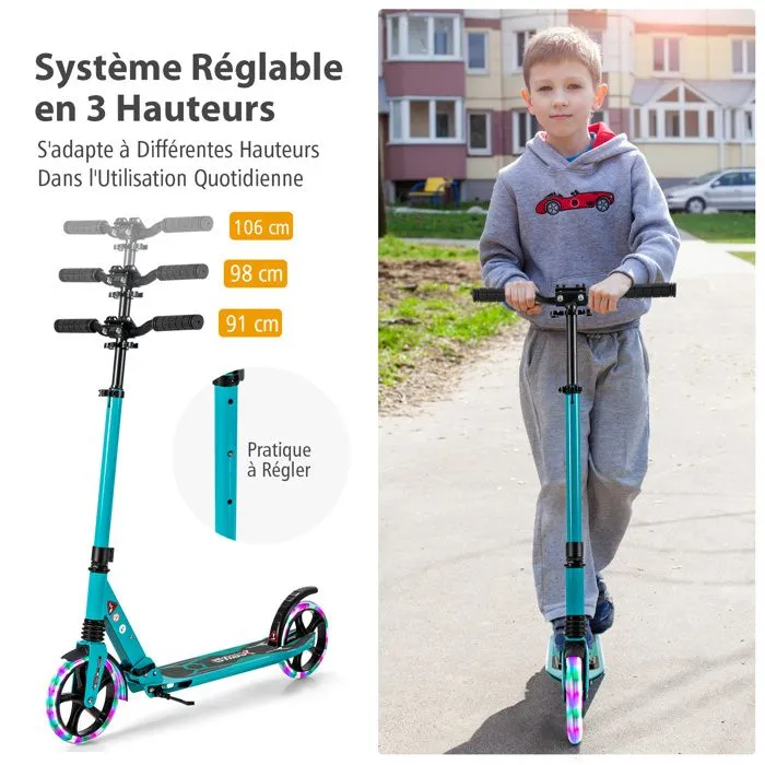 COSTWAY Trottinette Pliable pour Enfants 2 Roues Eclairée avec Barre en T 3 Hauteurs Réglables Plateau Antidérapant 100KG Vert-1