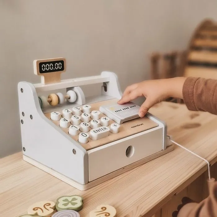 Caisse Enregistreuse Enfant +3 ans Mamabrum - Équipée de Clavier Numérique, boulier, Scanner, Terminal et Pièces de monnaie en Bois-1