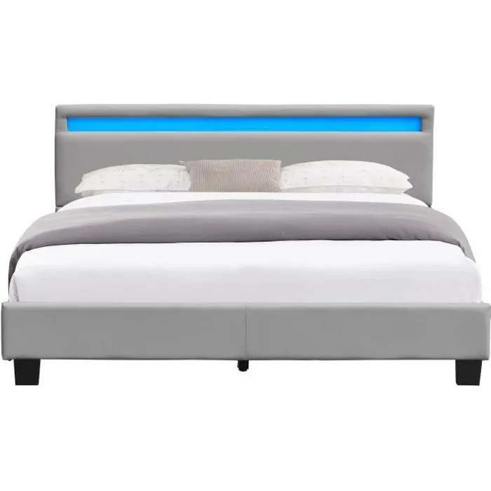 angel - Solide et Confortable Lit 140x190 avec Sommier Tte de Lit avec Eclairage LED Couleur GRIS Pieds en 10 cm p-0