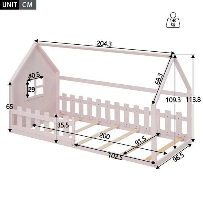 Lit cabane pour enfant 90x200 cm - en forme de maison - en bois de pin et MDF - Rose-5