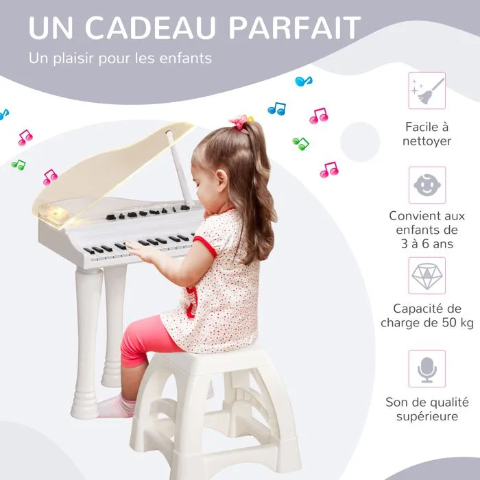 AIYAPLAY Piano enfant électronique, clavier de piano, 32 touches multifonctions, couvercle lumineux LED, blanc-5