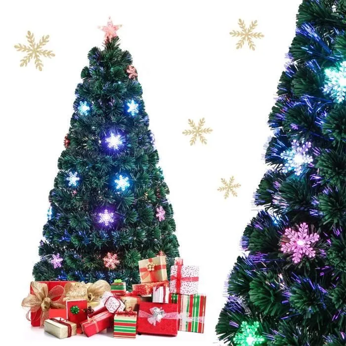 COSTWAY Sapin de Noël Artificiel LED Lumineux 150CM Fibre Optique Couleur Lumière Variable avec Etoile de Cime Décoration de Neige-0
